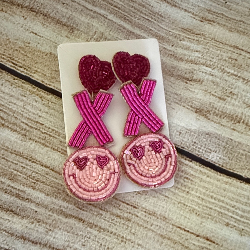 Pink Heart and Smiley Beaded Earrings